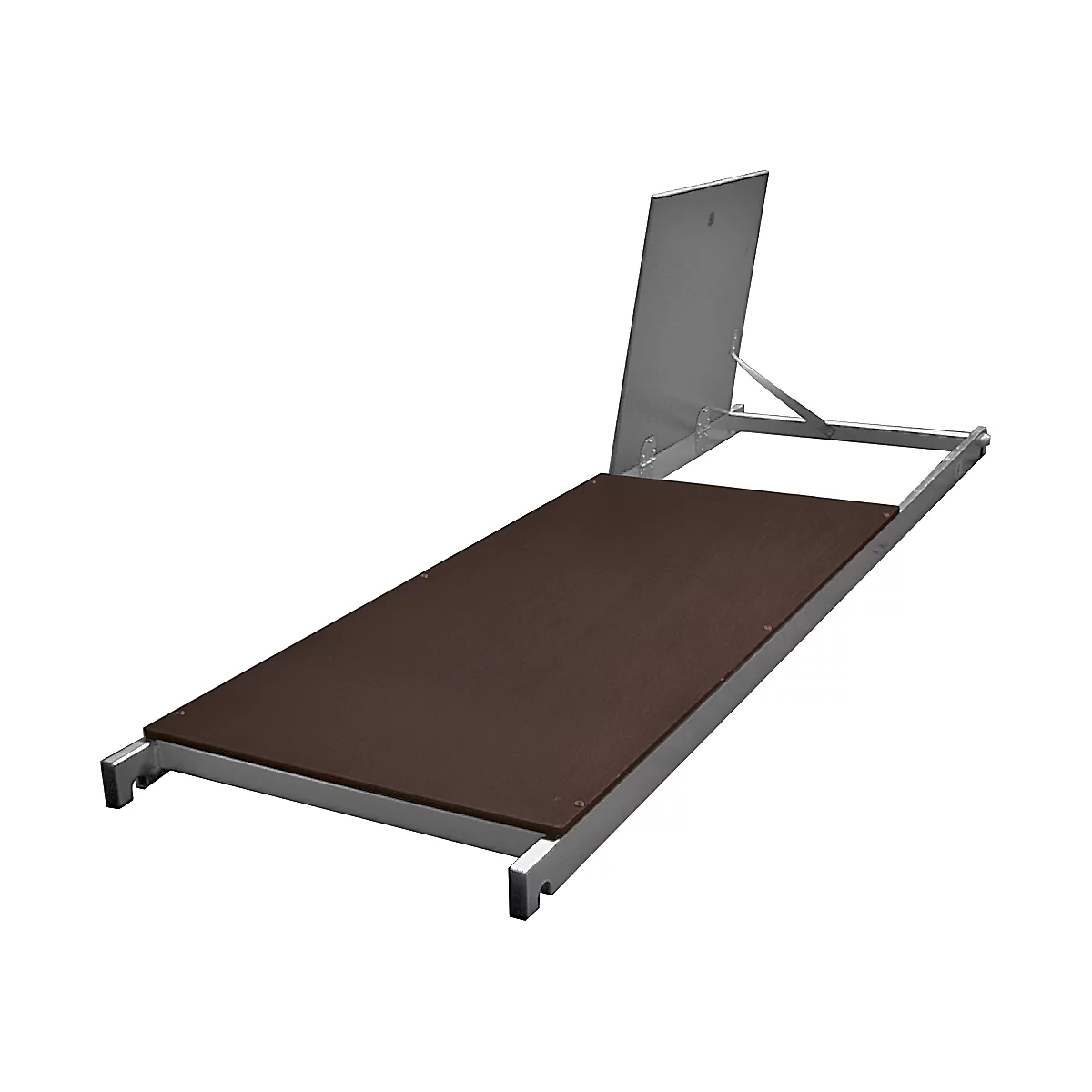 A metal construction with a brown panel and a silver flap.