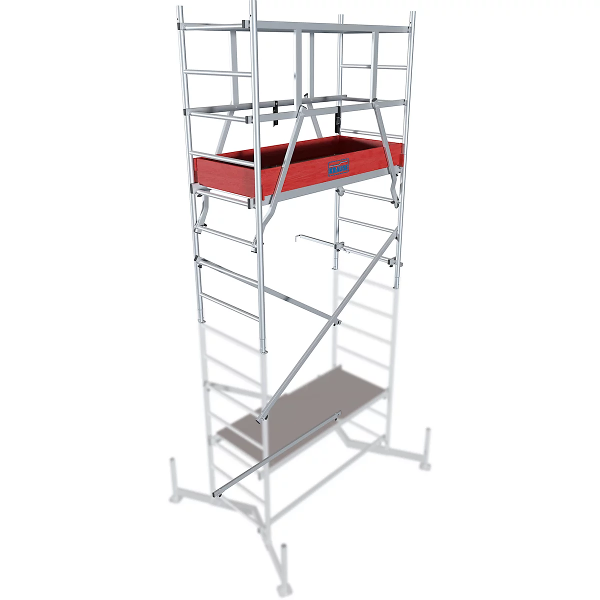 A silver scaffolding with a red storage tray and gray platform, against a white background.