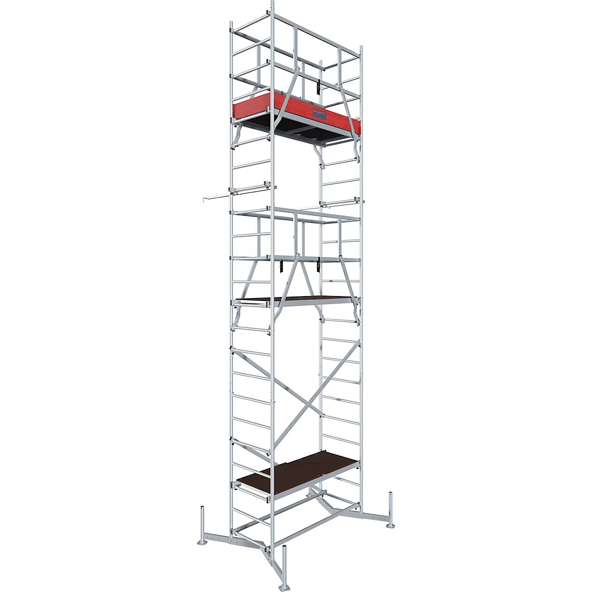 Tall aluminum scaffold with platforms and red elements.
