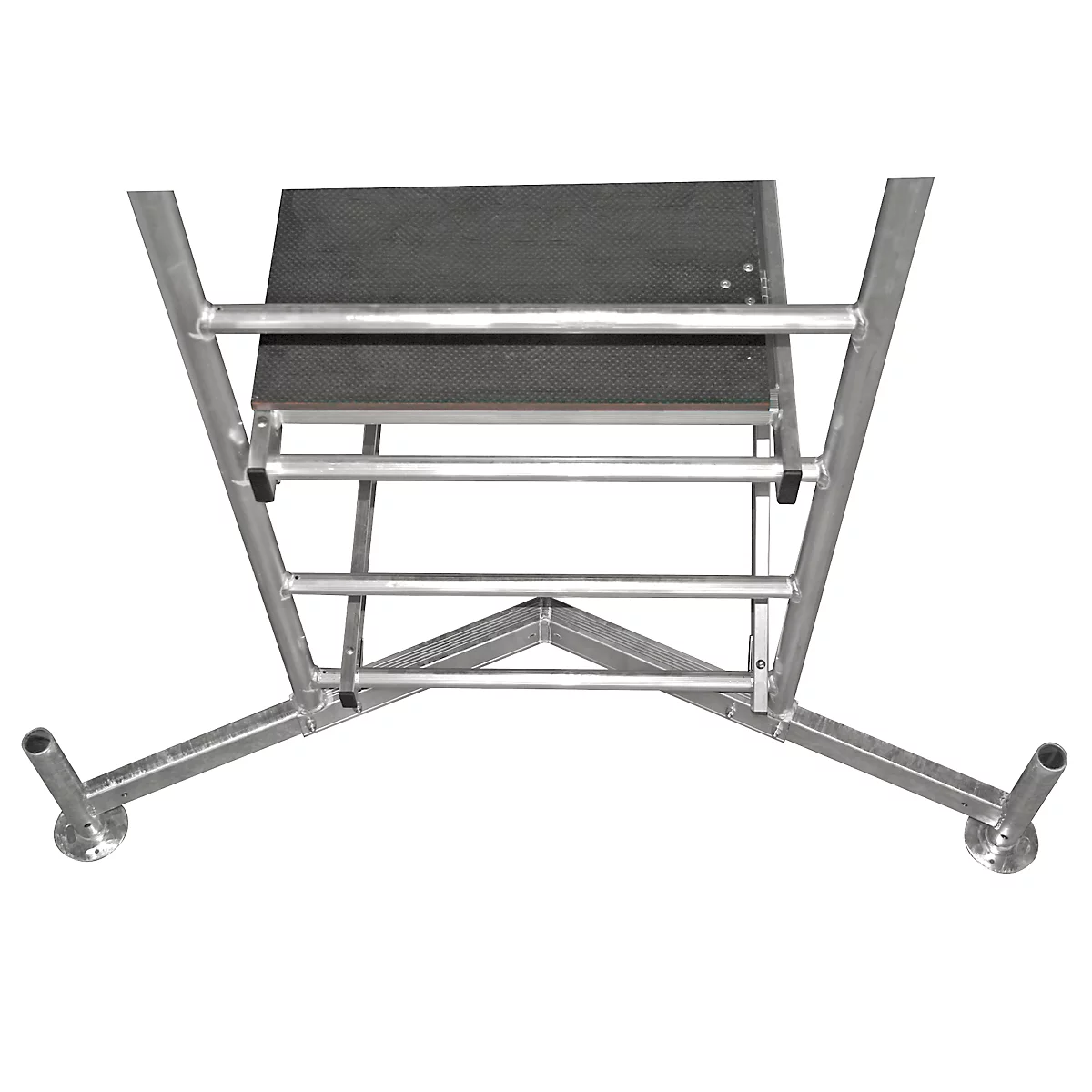 Top view of a silver, metal stepladder with a platform. The surface is made of wood. The ladder is constructed at an angle.