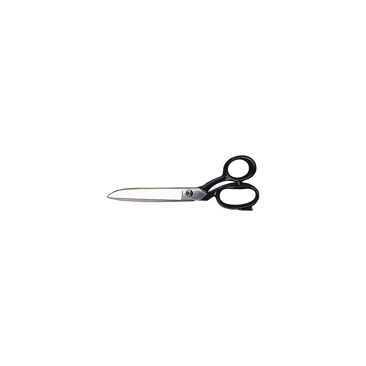 Large scissors with black handle and silver blades on white background.
