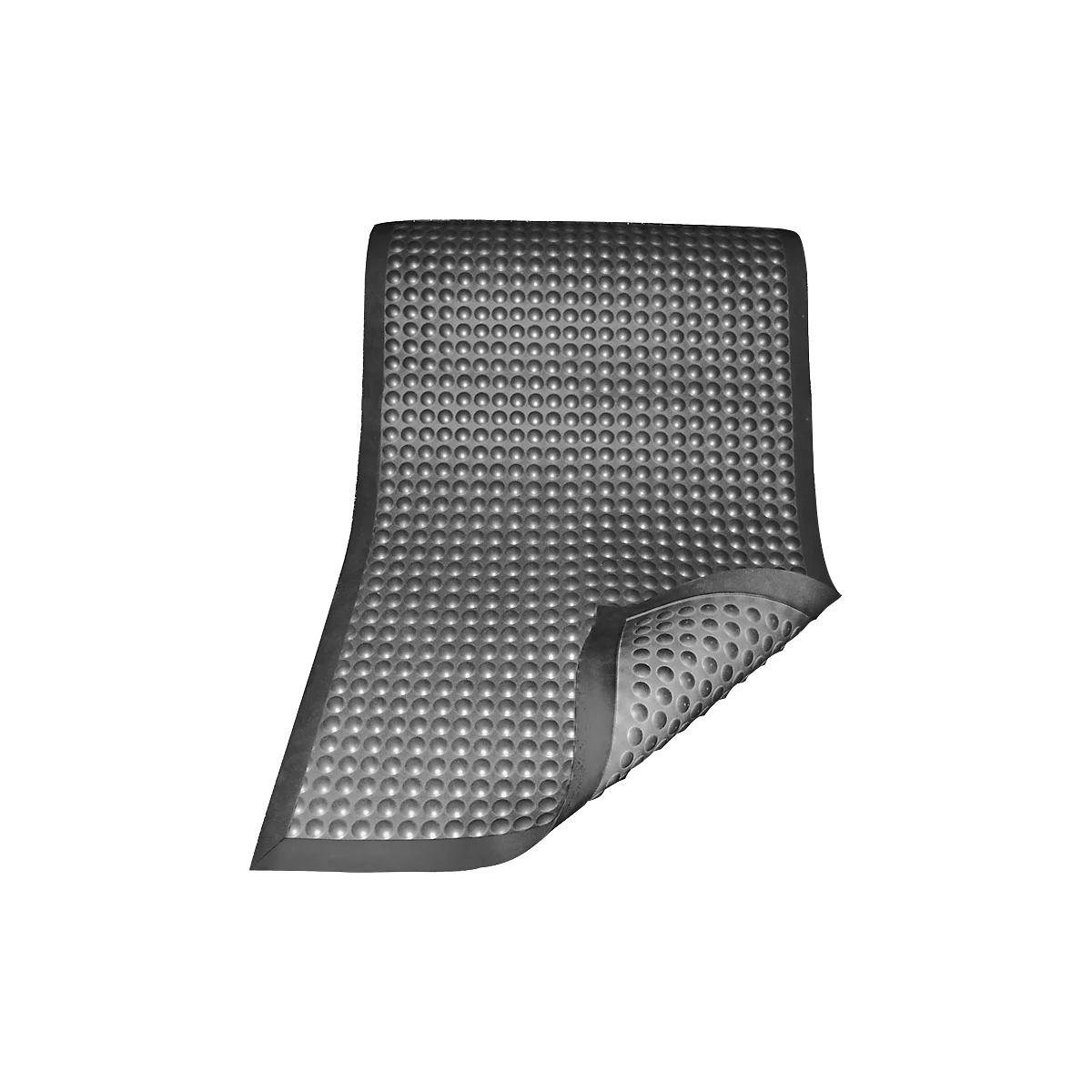 Gray mat with a studded pattern. The corner is folded over, showing the underside with holes.