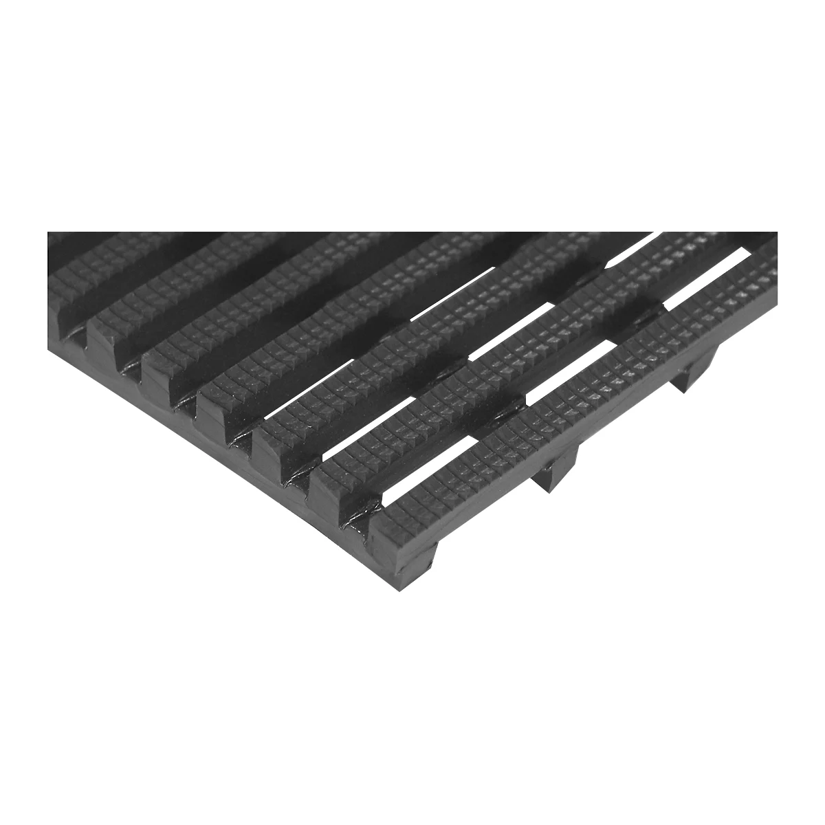 Close-up of a black, grooved floor tile. The surface is perforated at regular intervals, providing a non-slip structure.