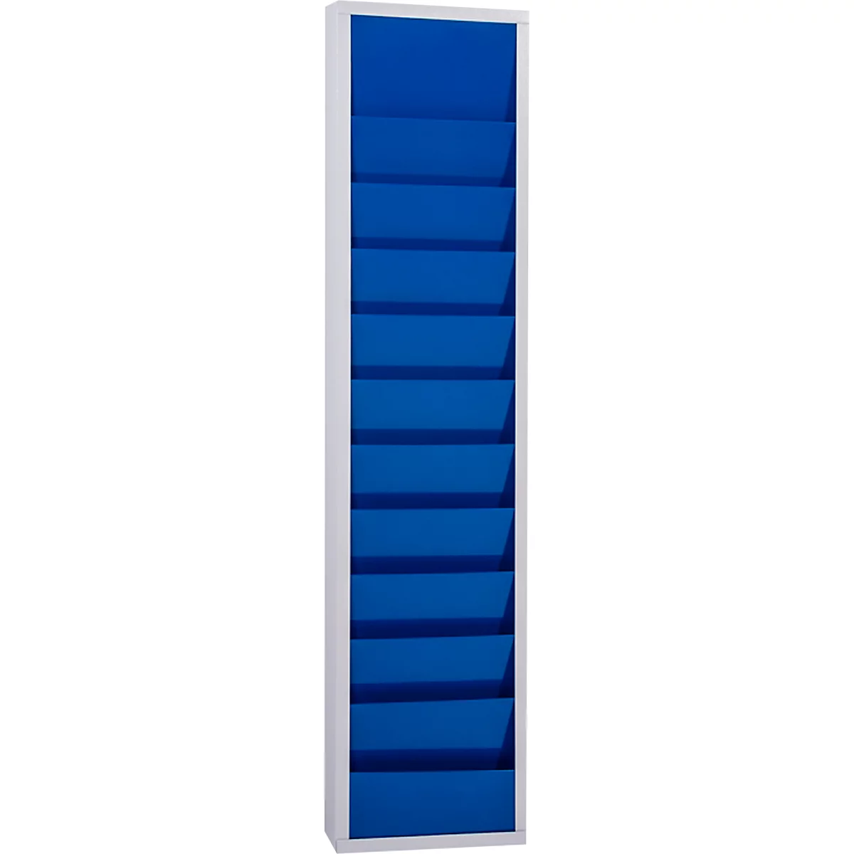 A blue card holder with 12 compartments in a white frame. The compartments are arranged horizontally.