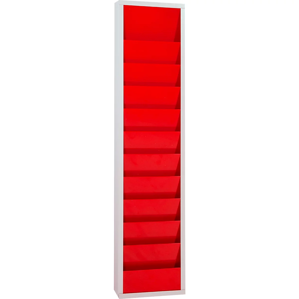 Narrow, elongated shelf with red shelves in a white frame.