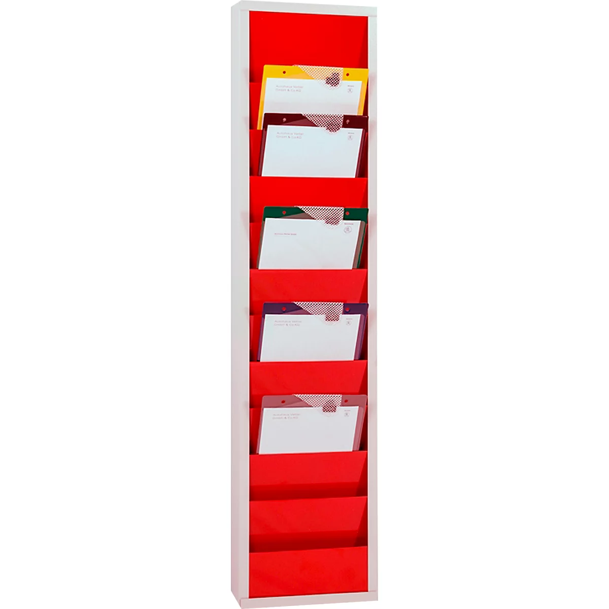 White shelf with red compartments, filled with paper documents.