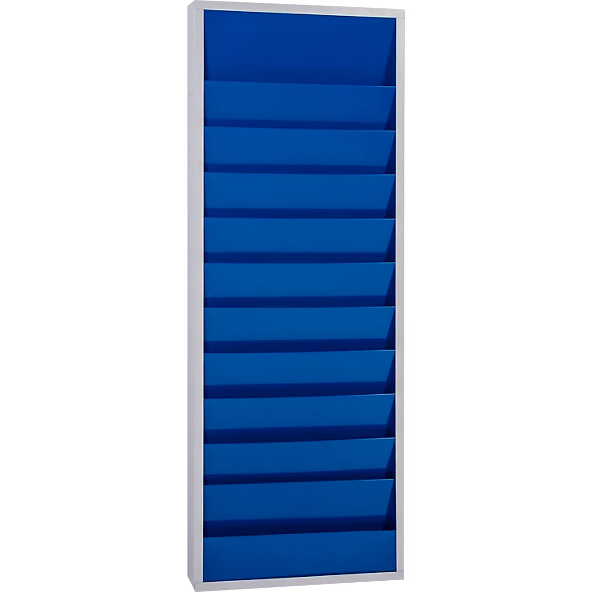 Blue wall calendar with multiple compartments, white bordered.