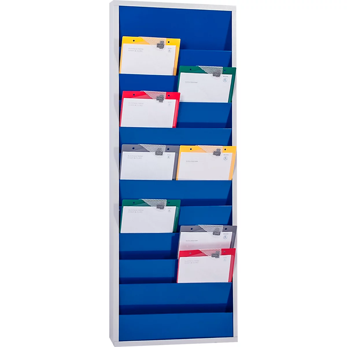 Blue wall-mounted shelf with several compartments. Each compartment holds a white sheet of paper with a coloured marking.