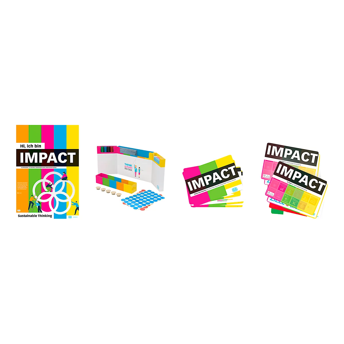 Mehrere Produktabbildungen: Kartenspiele und Spielmaterial, auffällig bunt mit dem Wort IMPACT. Text: Sustainable Thinking.
