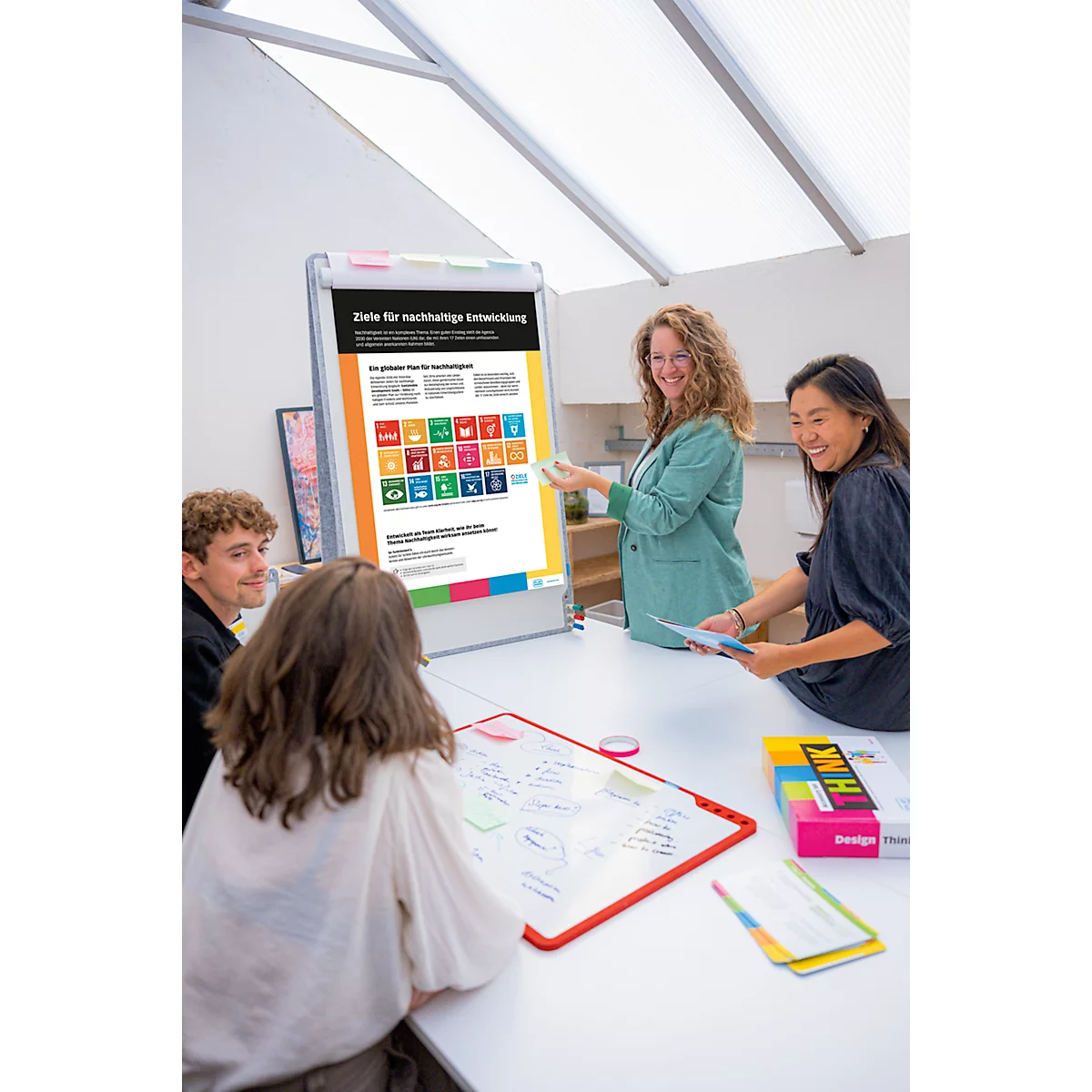 Personen diskutieren an einem Tisch, auf dem ein Flipchart mit dem Titel "Ziele für nachhaltige Entwicklung" steht.