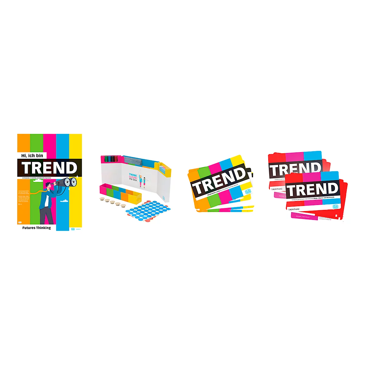 Différents produits avec le mot TREND, dans des designs colorés.