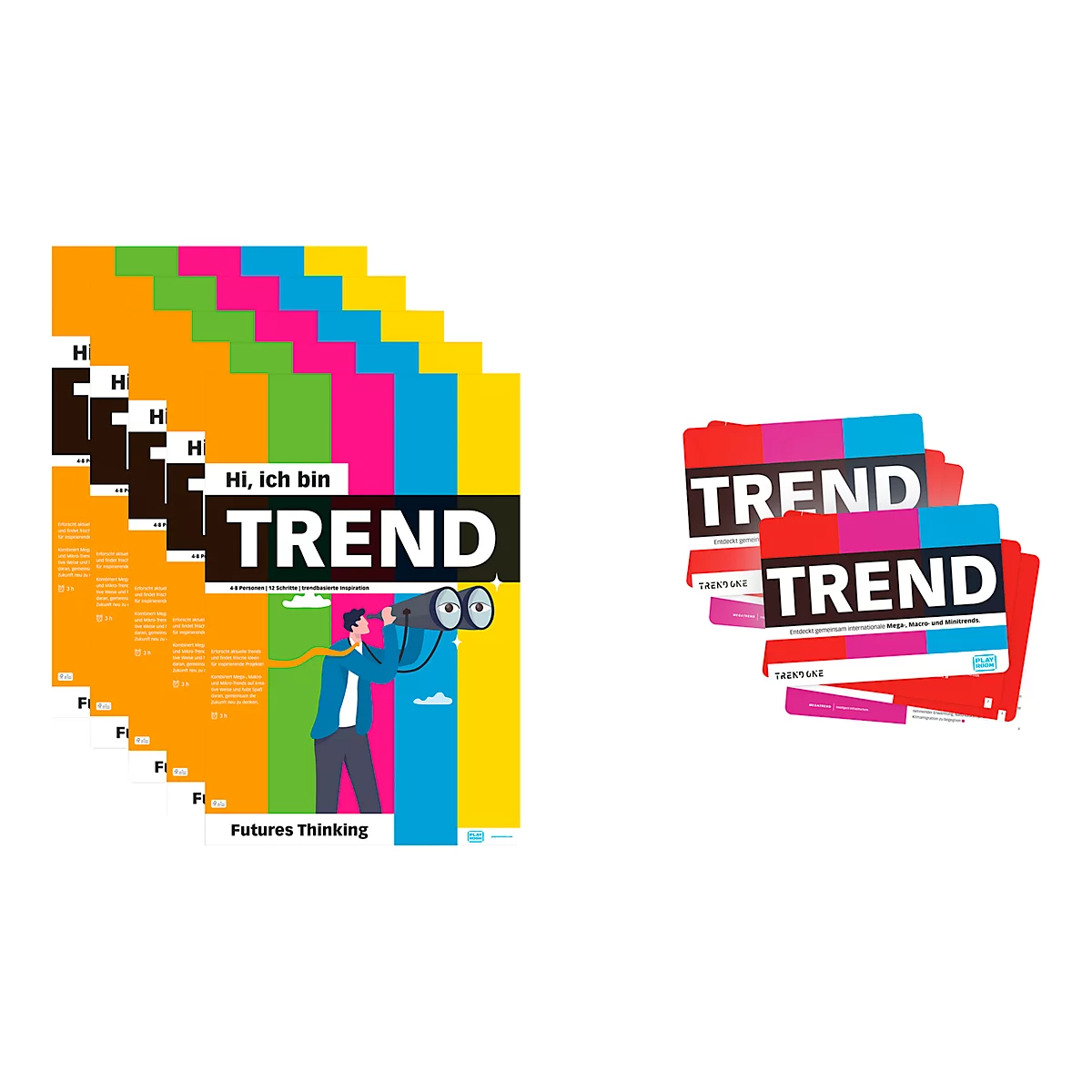 Graphique avec le mot TENDANCE en majuscules sur des cartes colorées. Un homme avec des jumelles pointe vers l'avenir.