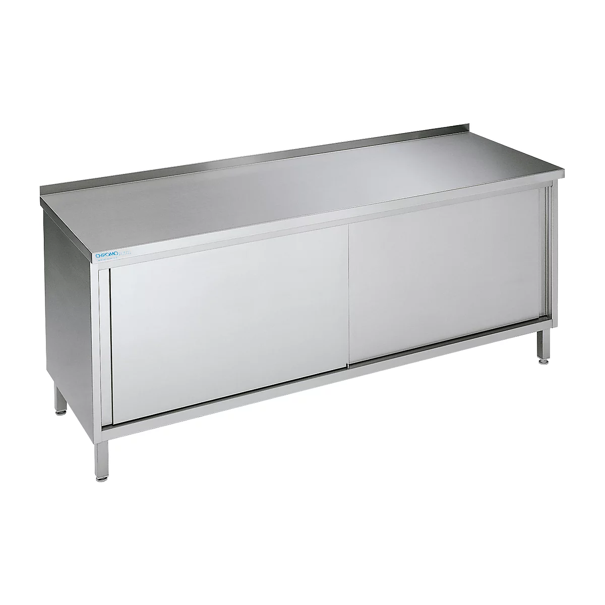 Stainless steel cabinet with sliding doors, standing on four legs.