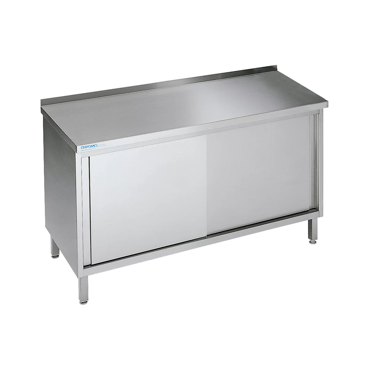Stainless steel cabinet with sliding door, standing on four legs.