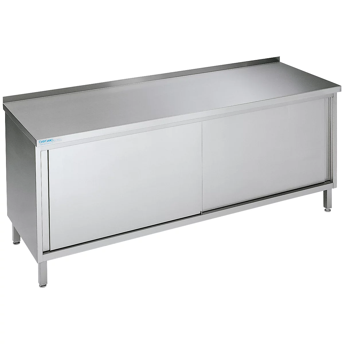 Stainless steel cabinet with sliding doors and worktop.
