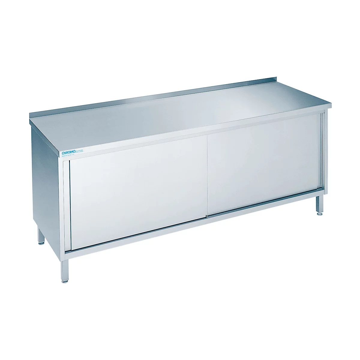 Stainless steel cabinet with sliding doors and legs. Top surface for working or storage.