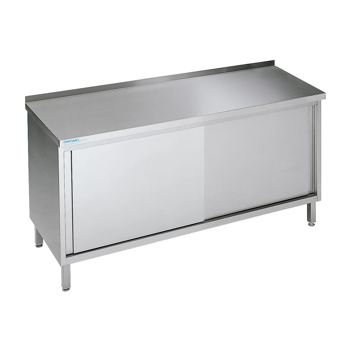 Stainless steel cabinet with sliding door, rectangular, on four short legs.
