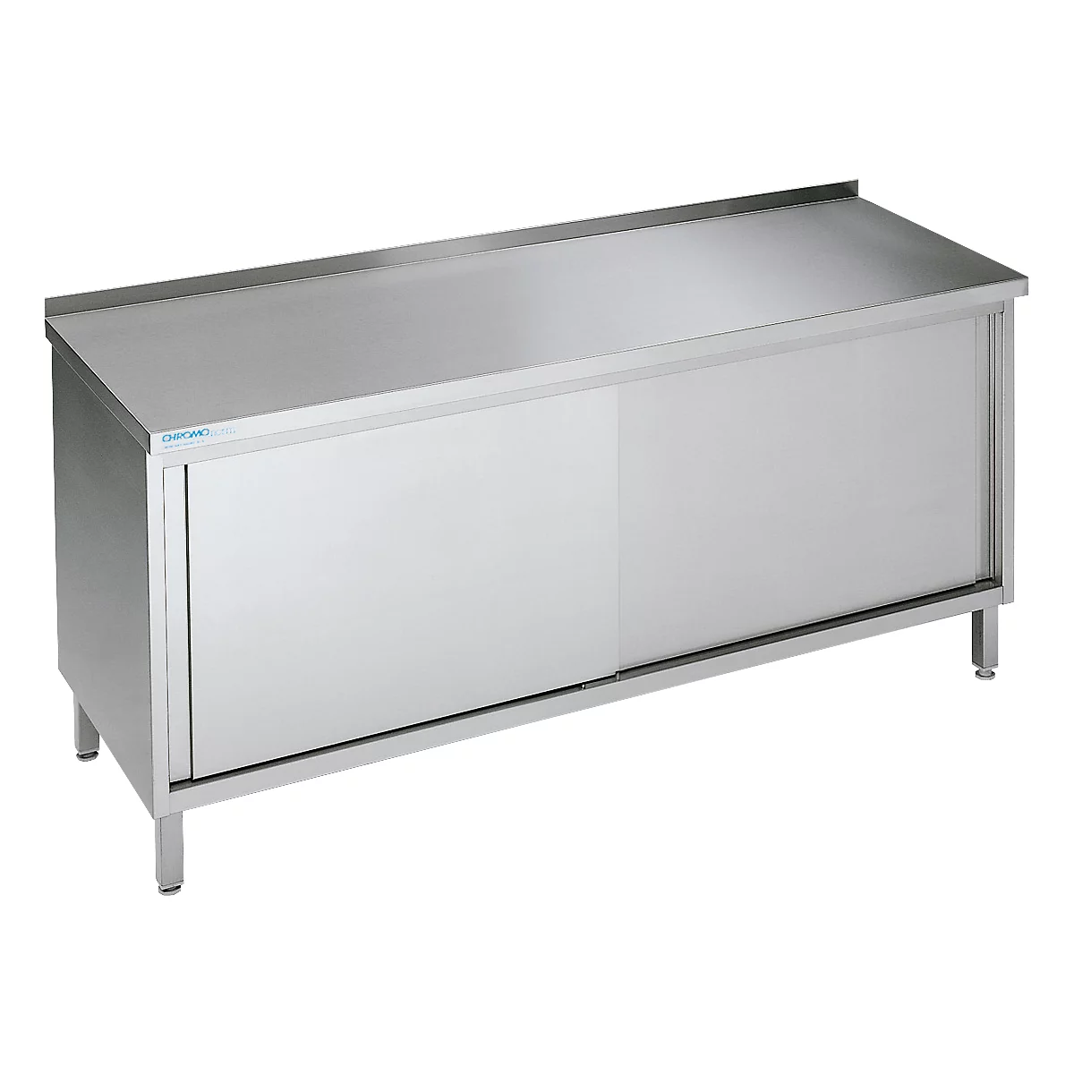 Stainless steel cabinet with sliding doors and worktop. Silver-colored, standing on four legs.