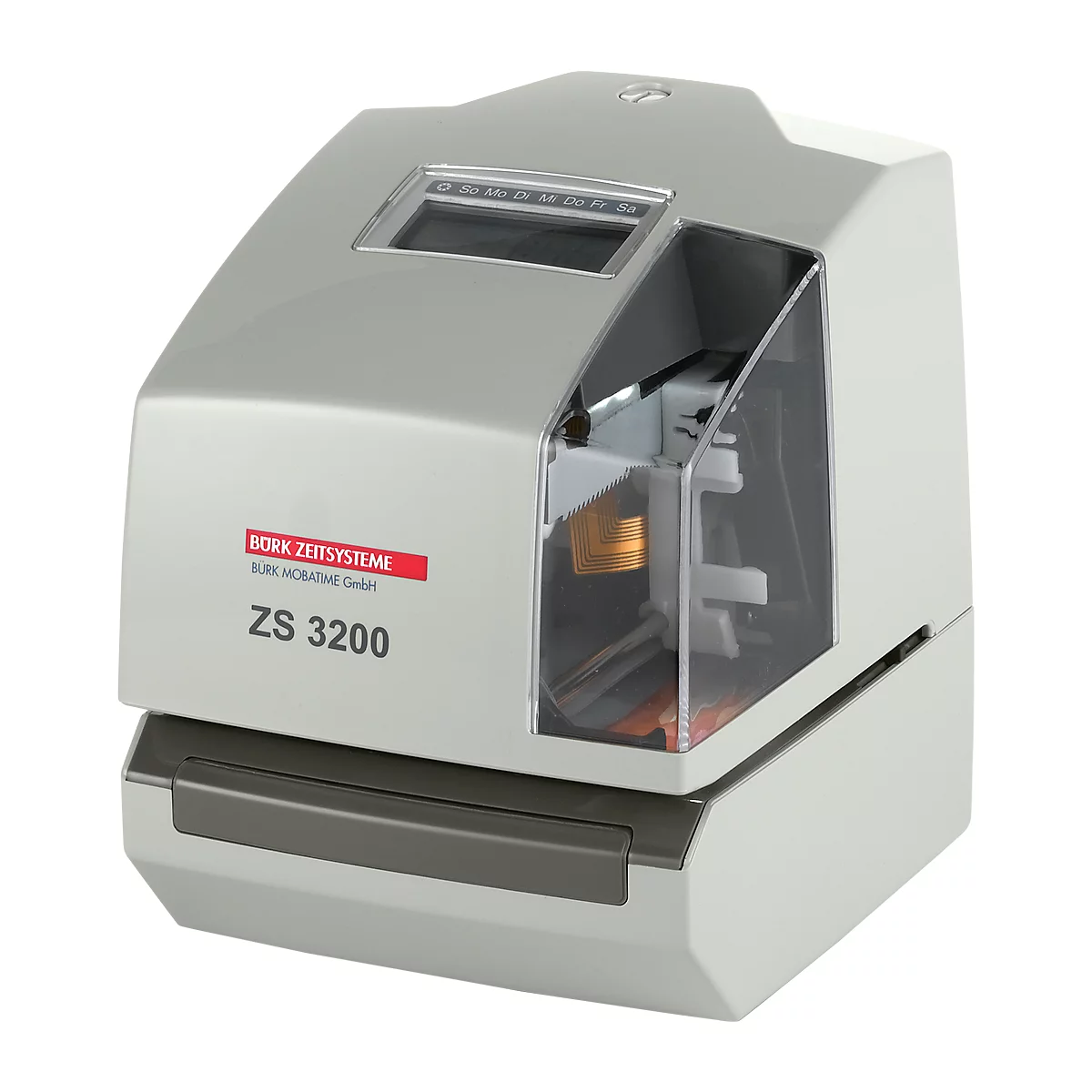 Grey time clock with display and transparent window. Inscription: Bork Zeisysteme ZS 3200.