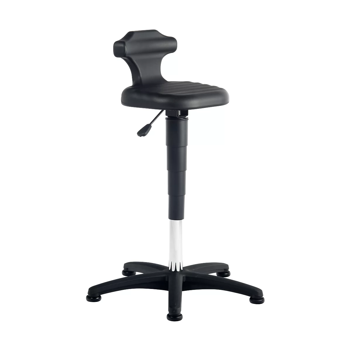 Black, height-adjustable work chair with backrest and 5-arm base.