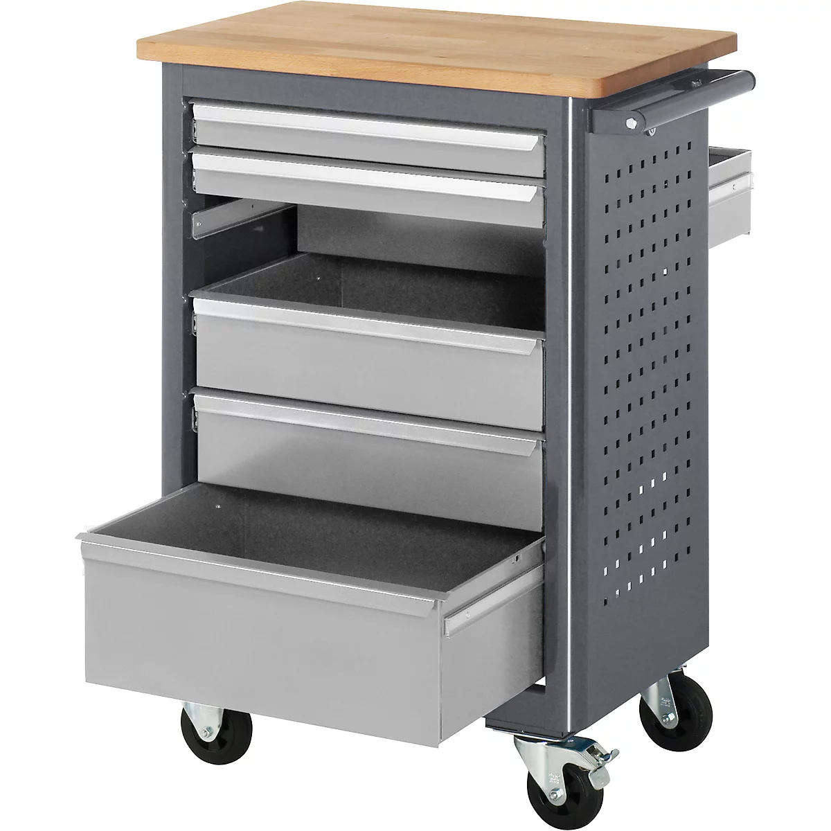 Tool cart with wooden top, silver drawers, and gray side panels. It has castors.