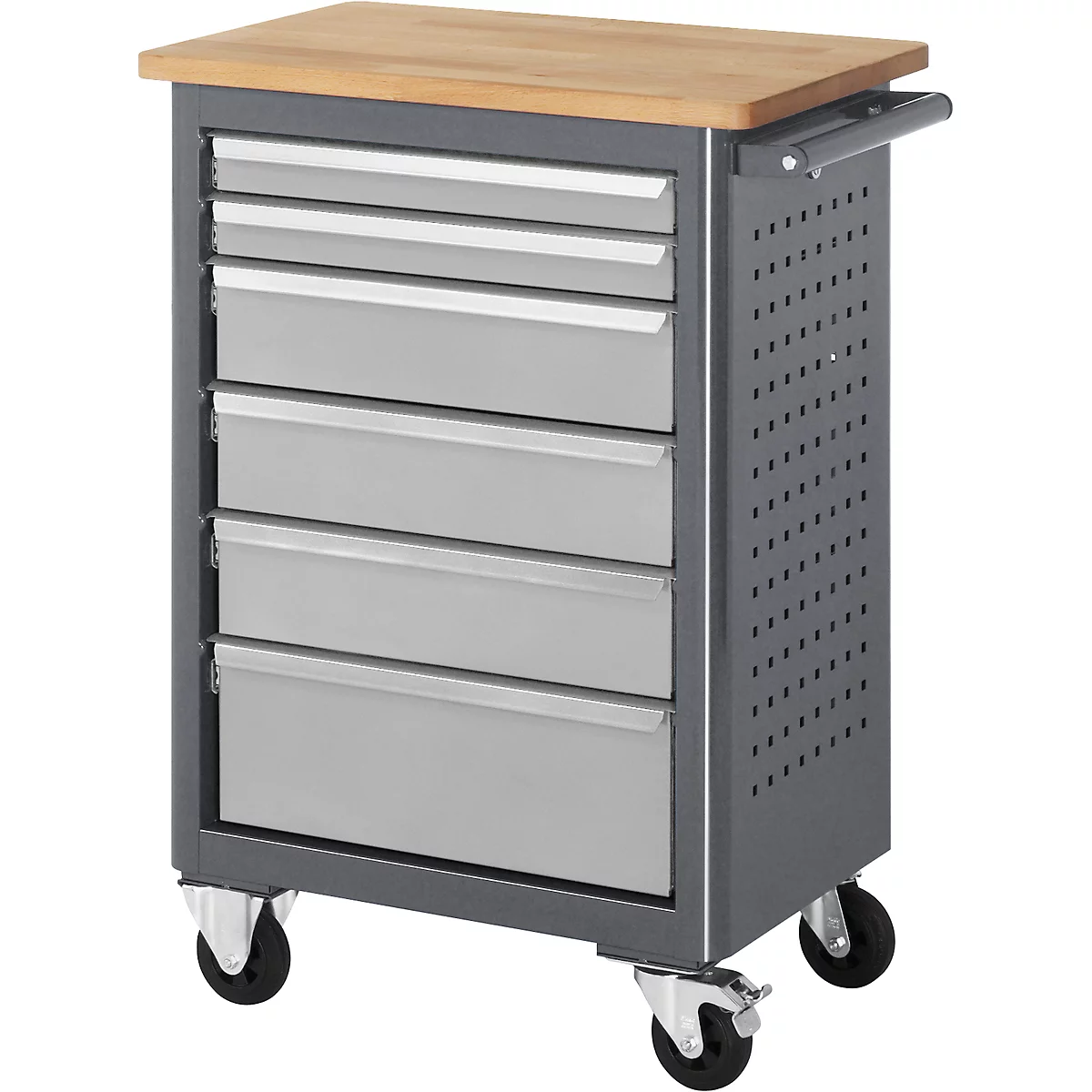 Tool cart with wooden top, drawers, and wheels.