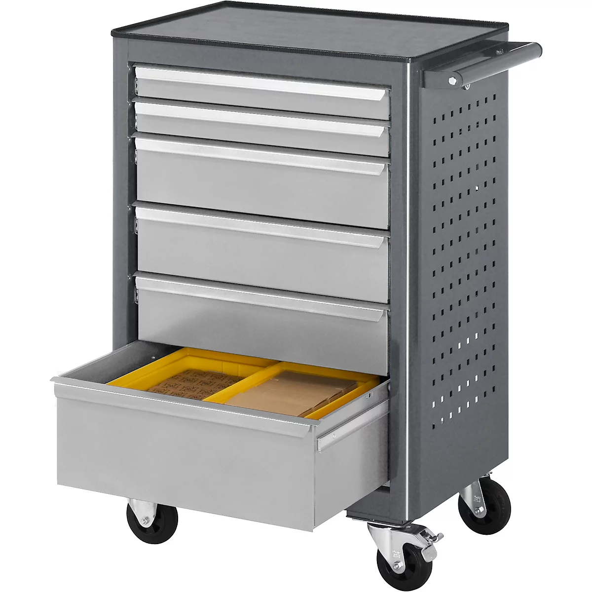Grey tool cart with drawers. One drawer open, showing yellow inserts. Black wheels.