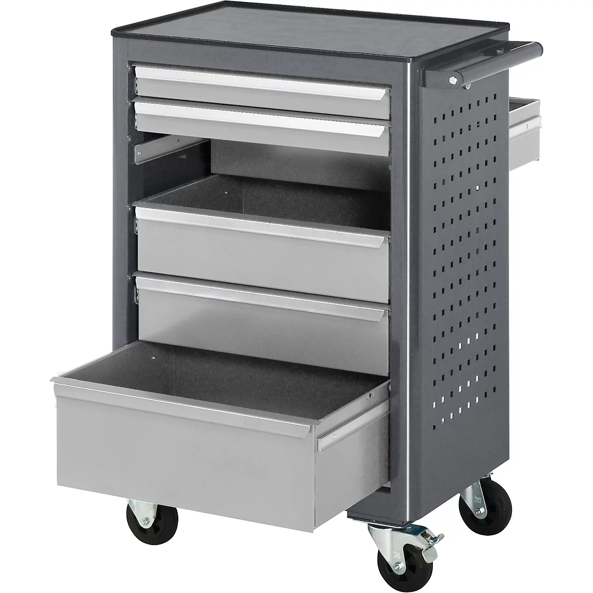 Grey tool cart with four drawers, one open drawer, and casters.
