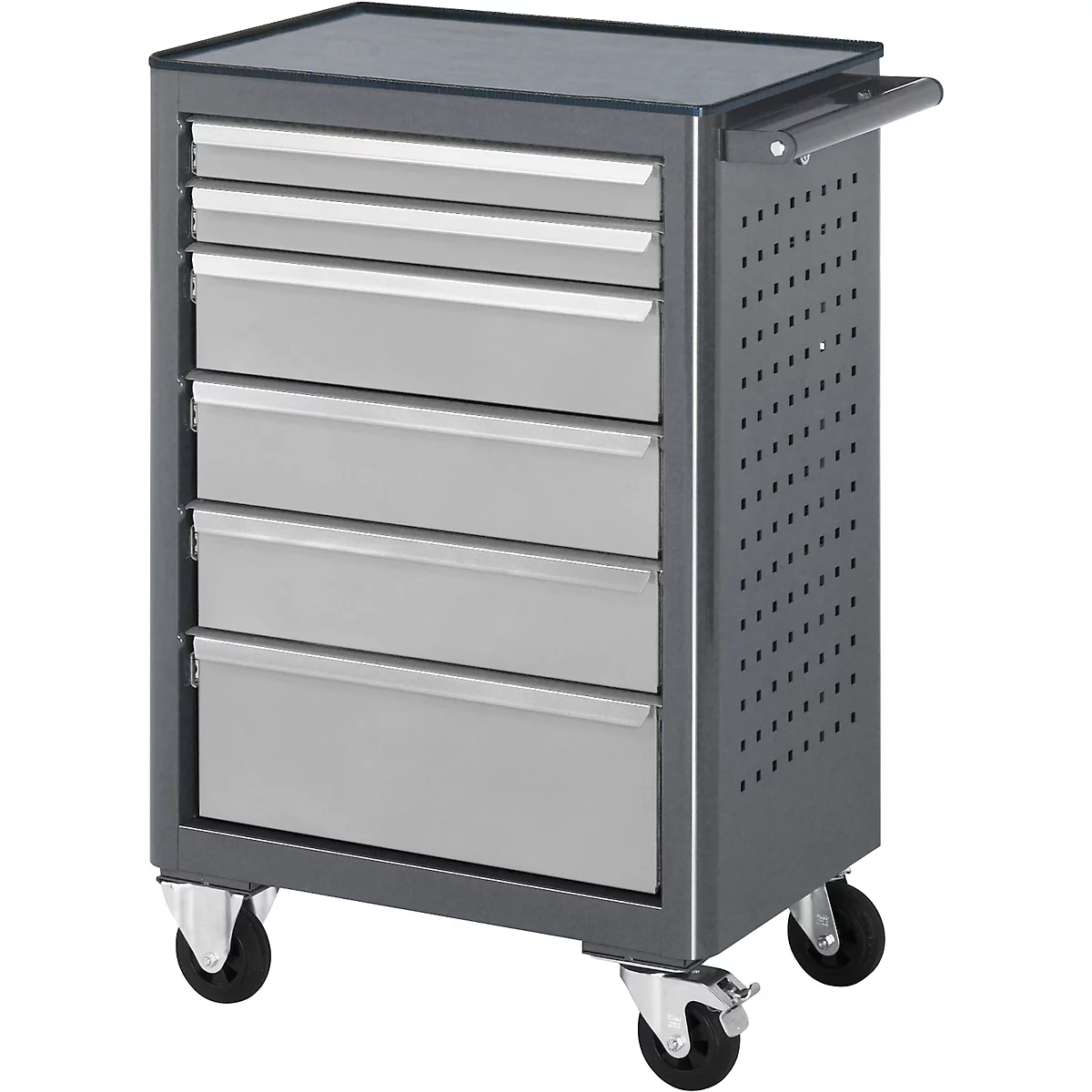 Grey tool cart with drawers on casters, detail view.