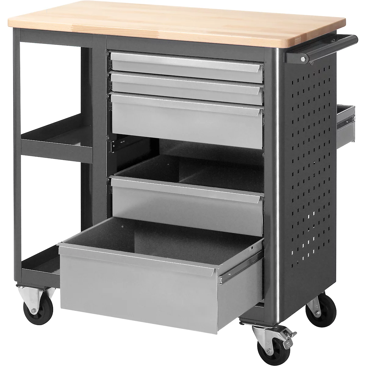 Tool cart with wooden top, metal drawers, and wheels.