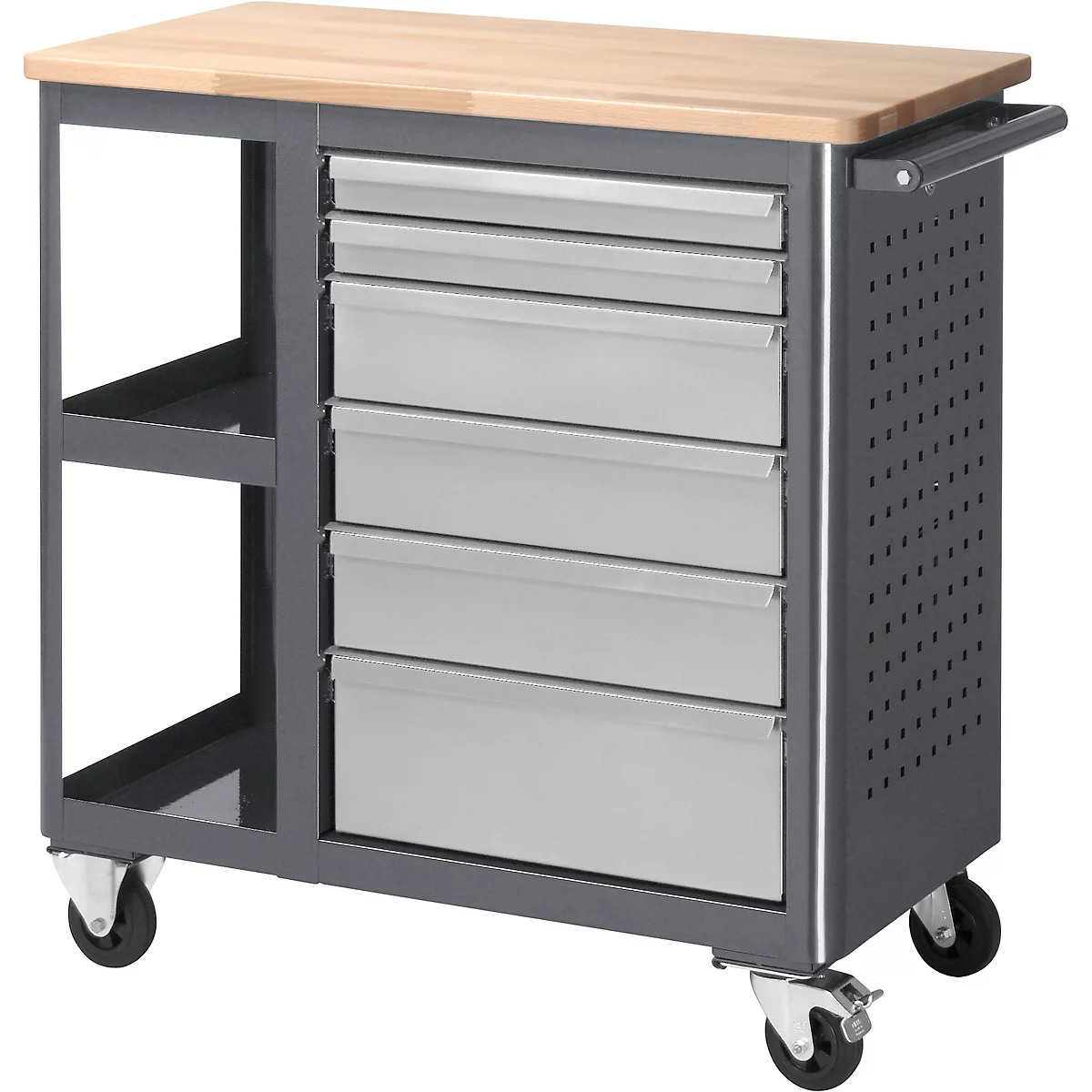 Workshop trolley with wooden top, drawers and castors. Grey metal frame with yellow wood on top.