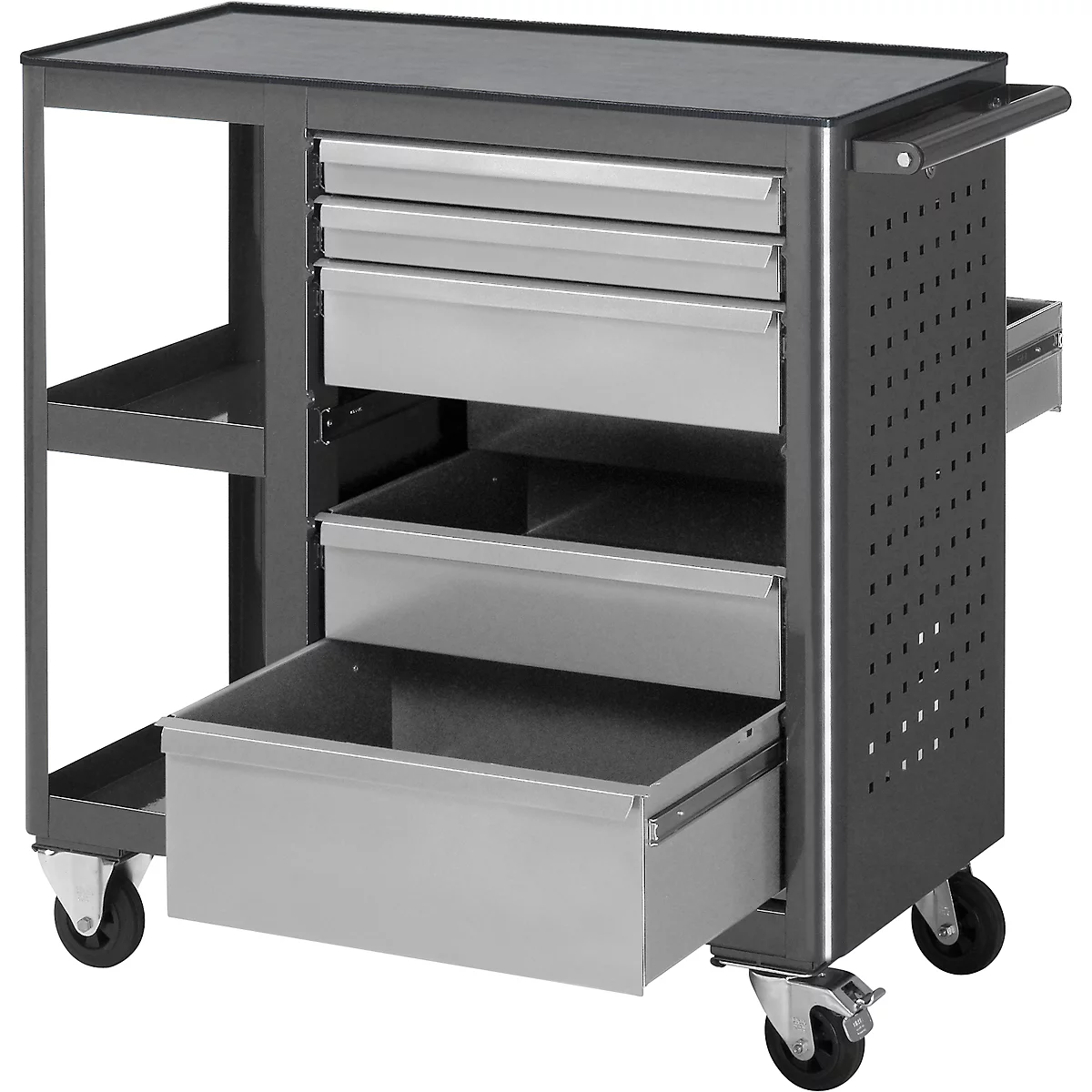 Dark grey tool cart with three drawers and wheels. One drawer is open.