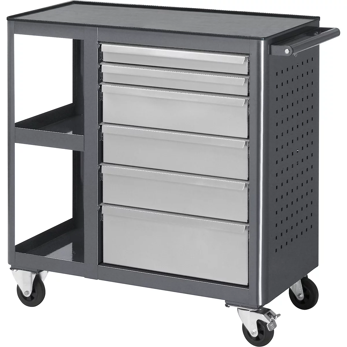 Gray tool cart with drawers and wheels. A shelf on top, a compartment on the side.