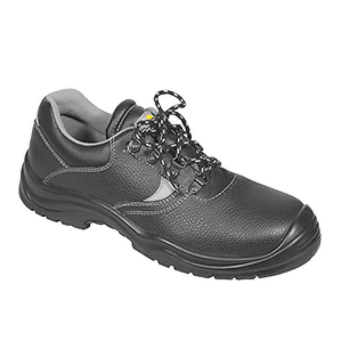 Black safety shoe with laces, gray accents.