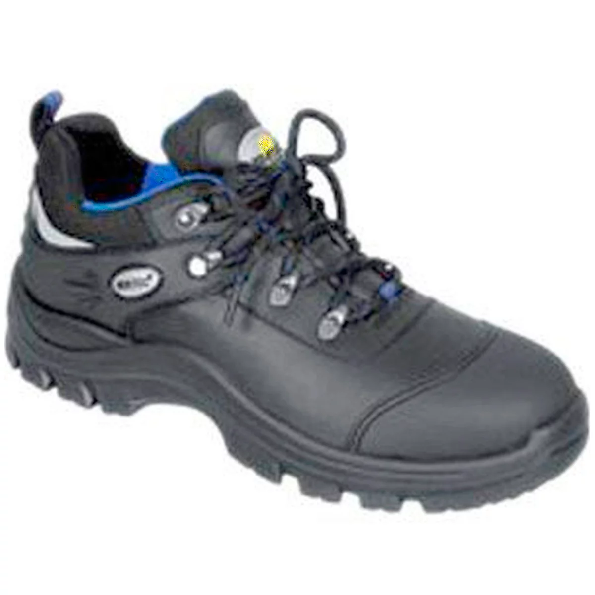 Black safety shoe, side view, lacing and metallic details.