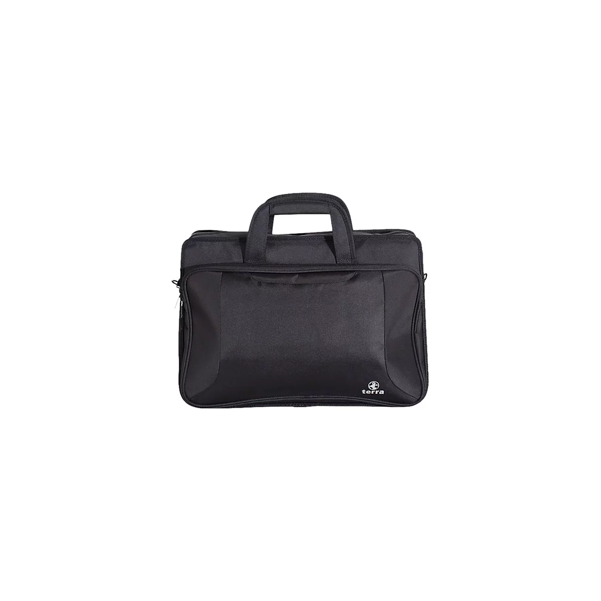 Schwarze Aktentasche mit Griff, Reißverschluss und Terra-Logo. Auf weißem Hintergrund.
