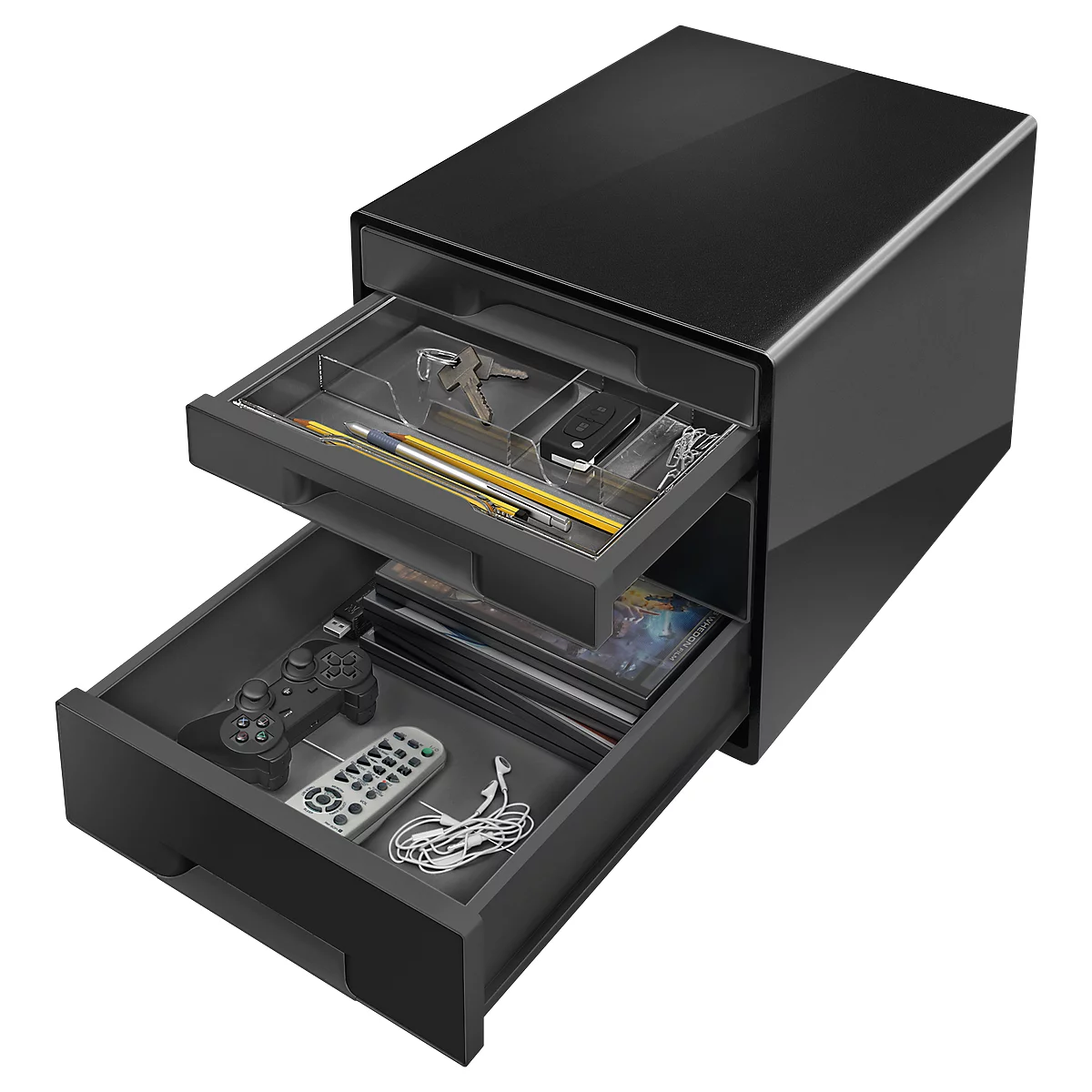 Black cabinet with open drawers. The upper drawer contains: keys, pens, smartphone. In the lower: controller, remote control, headphones.
