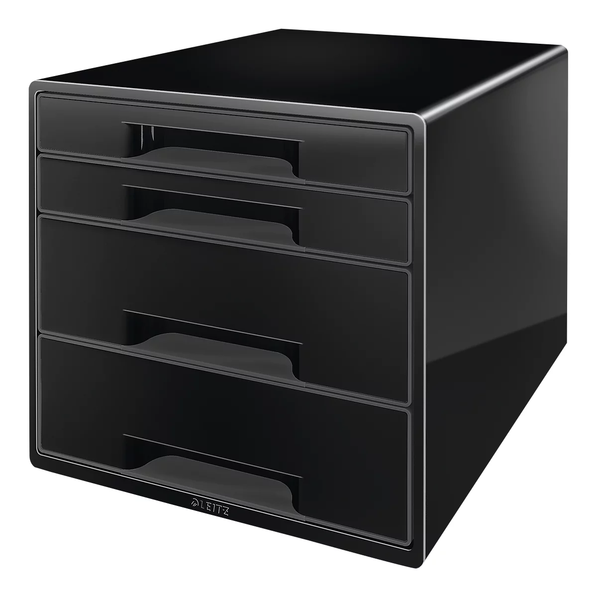 Black storage stack with four drawers with curved handles.