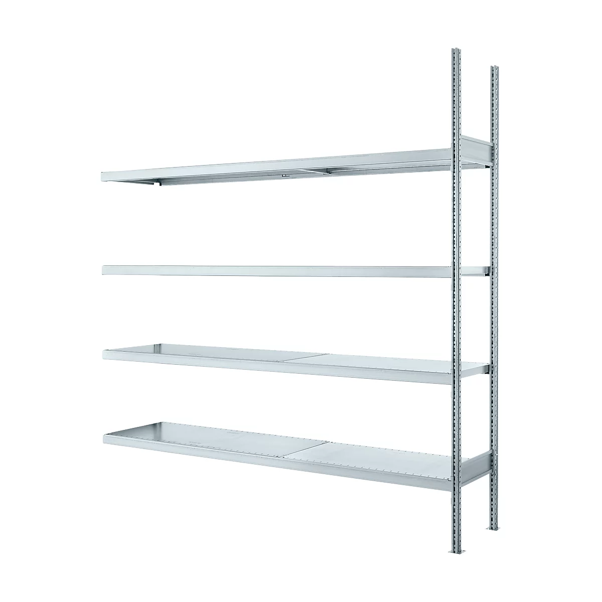 Metal shelving unit with four levels, standing in front of a white background.