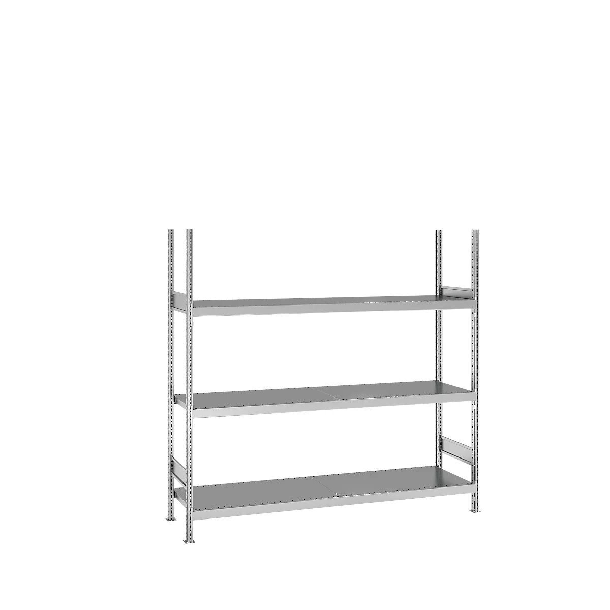 Steel shelving unit with three shelves on a white background. The shelves are empty.