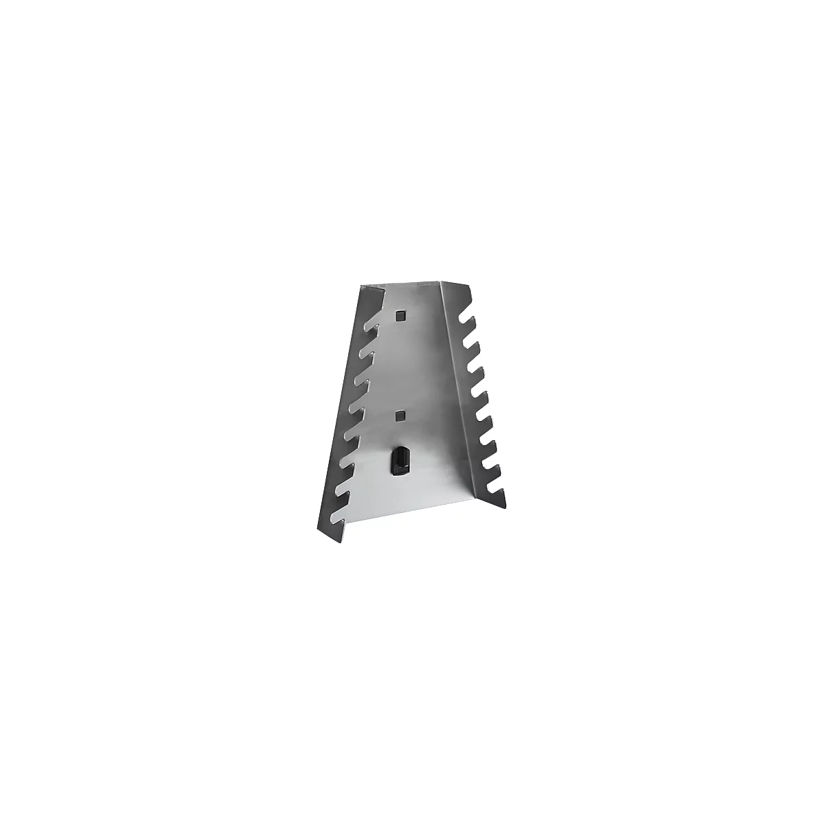 Triangular metal tool rack with cutouts for tools.