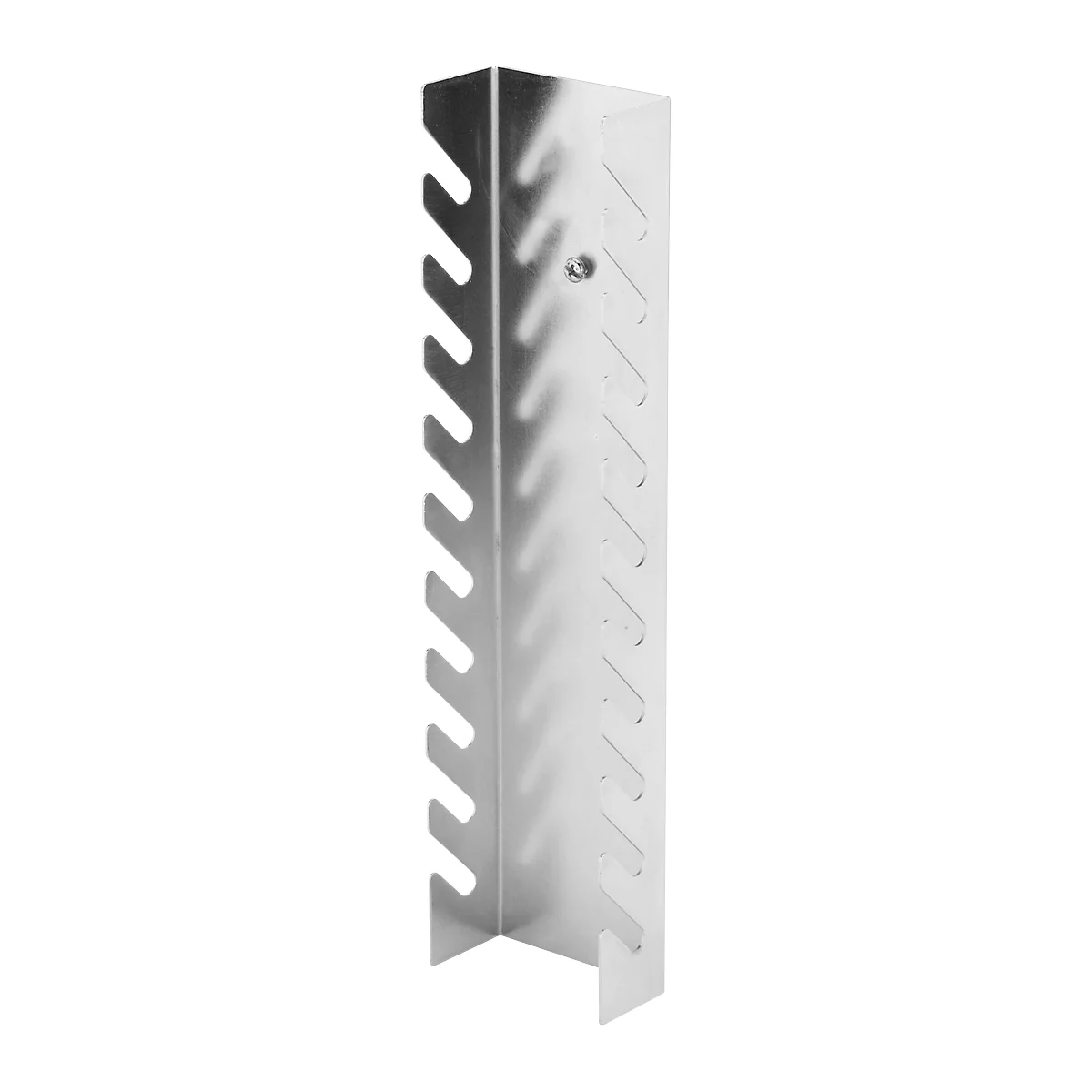 Angular metal part with zigzags and cutouts. It has a silver color and looks robust.