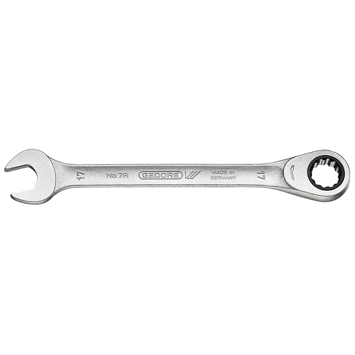 A silver 17mm combination wrench with open jaw and ratchet head. Inscription: Gedore, Made in Germany.