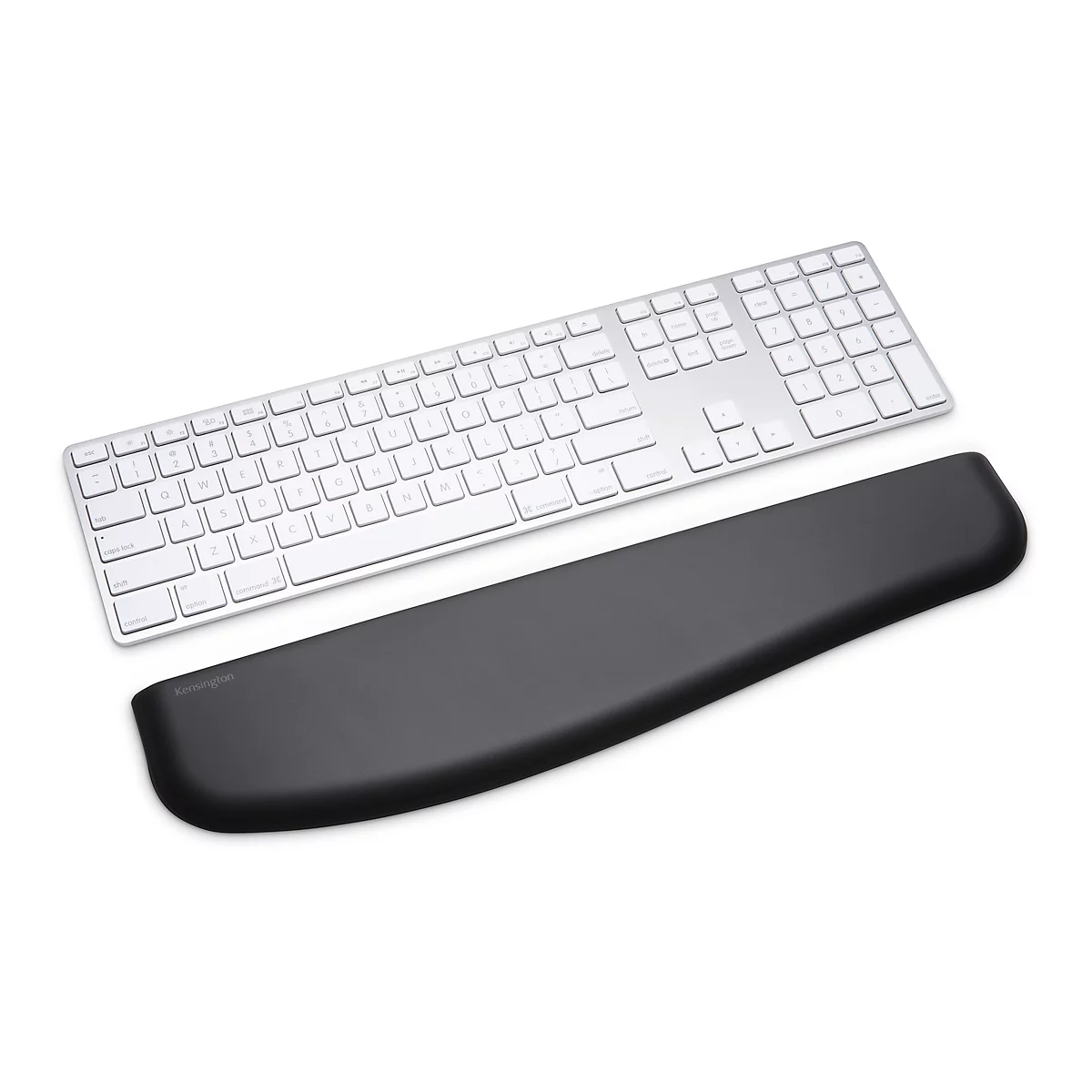Silver keyboard with black wrist rest, both on white background. The keyboard is rectangular and has white keys. The wrist rest is ergonomically shaped.