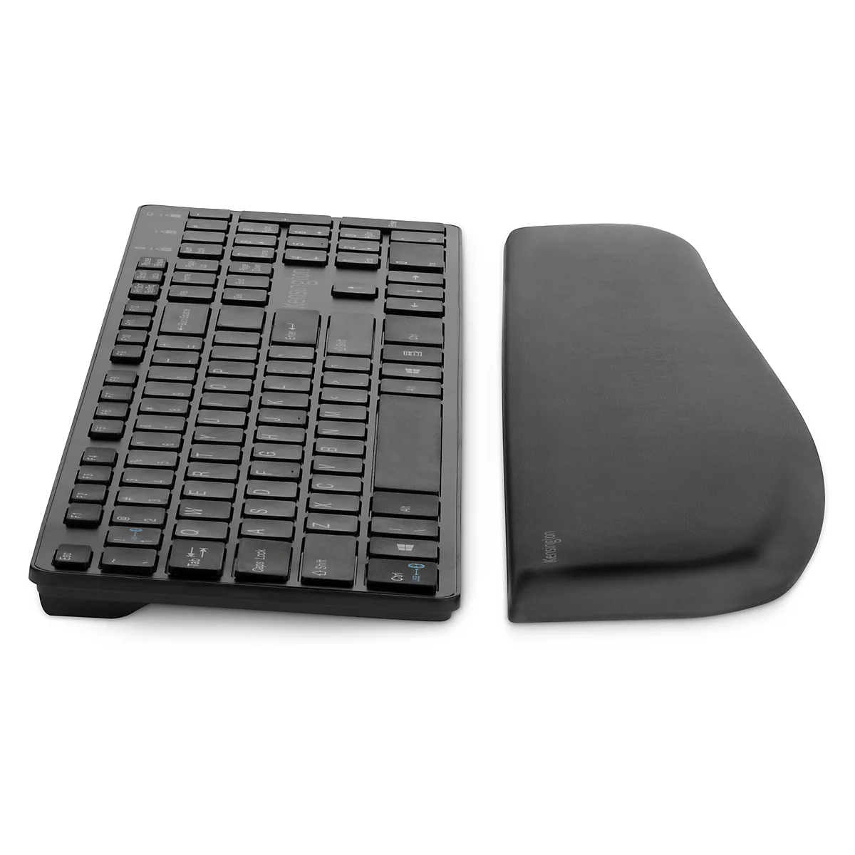 Black split keyboard with a palm rest. Letters and symbols are visible on the keys.