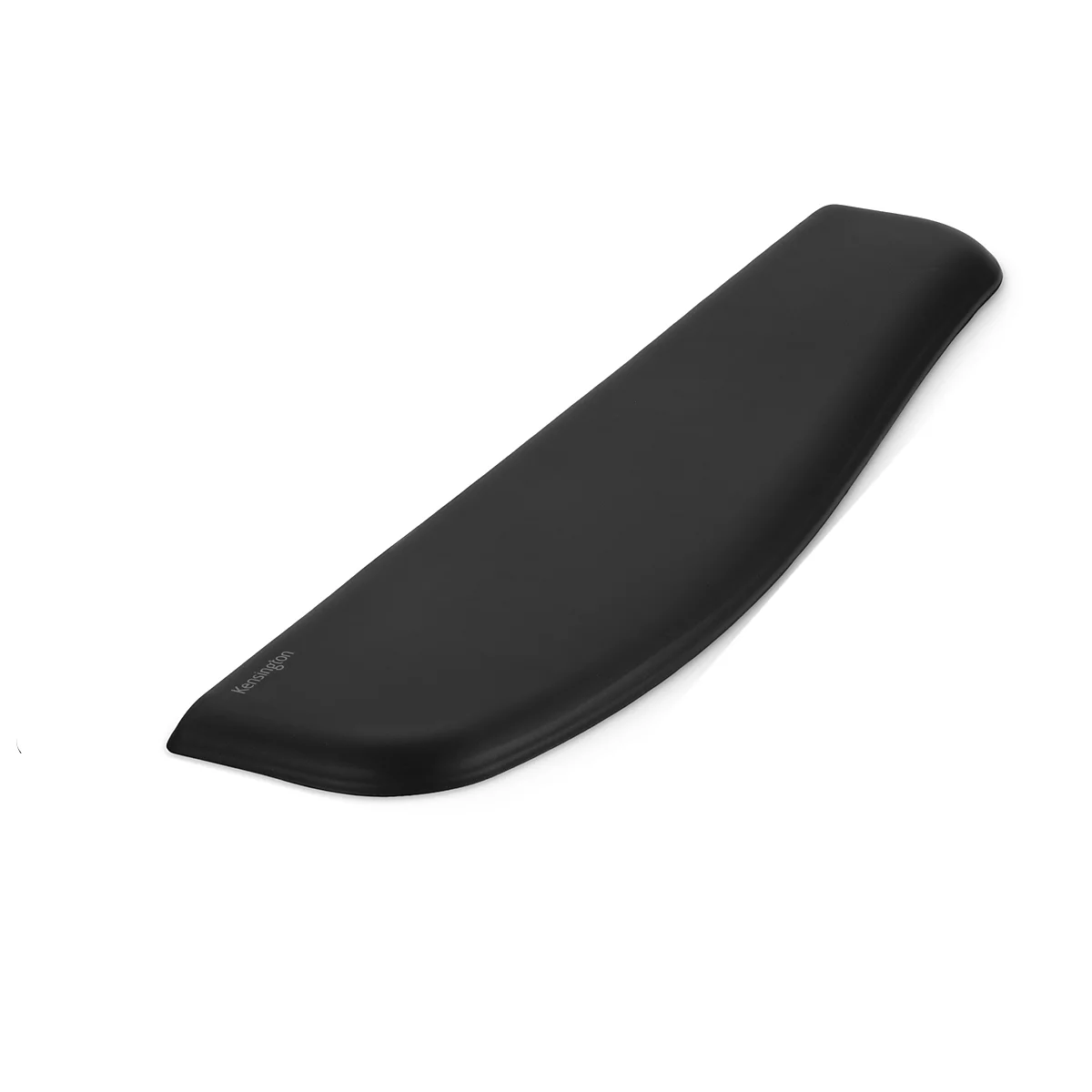 Black, ergonomic wrist rest for keyboard. Small "Kensington" is written on the rest.