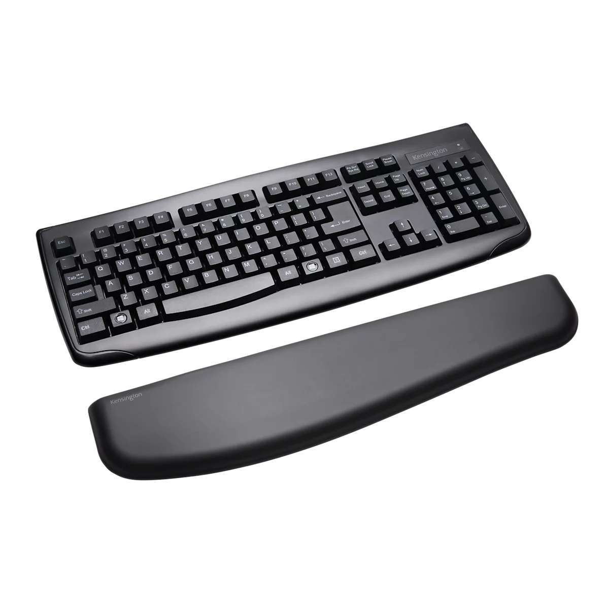 Black keyboard with palm rest. The keyboard is designed for an ergonomic workplace.