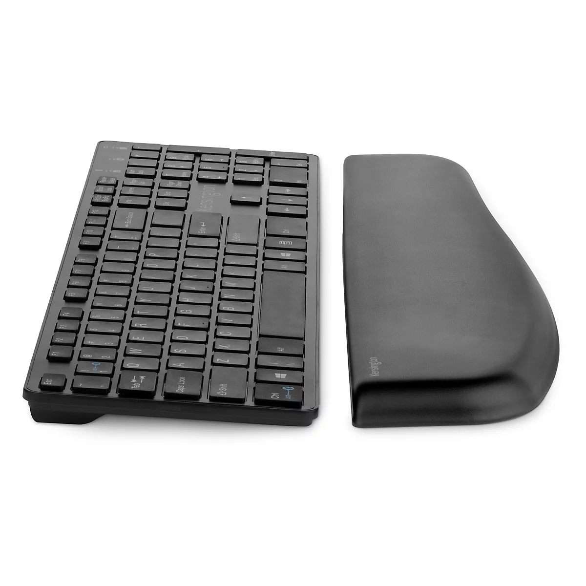 Black ergonomic keyboard with wrist rest. The keys are clearly defined.