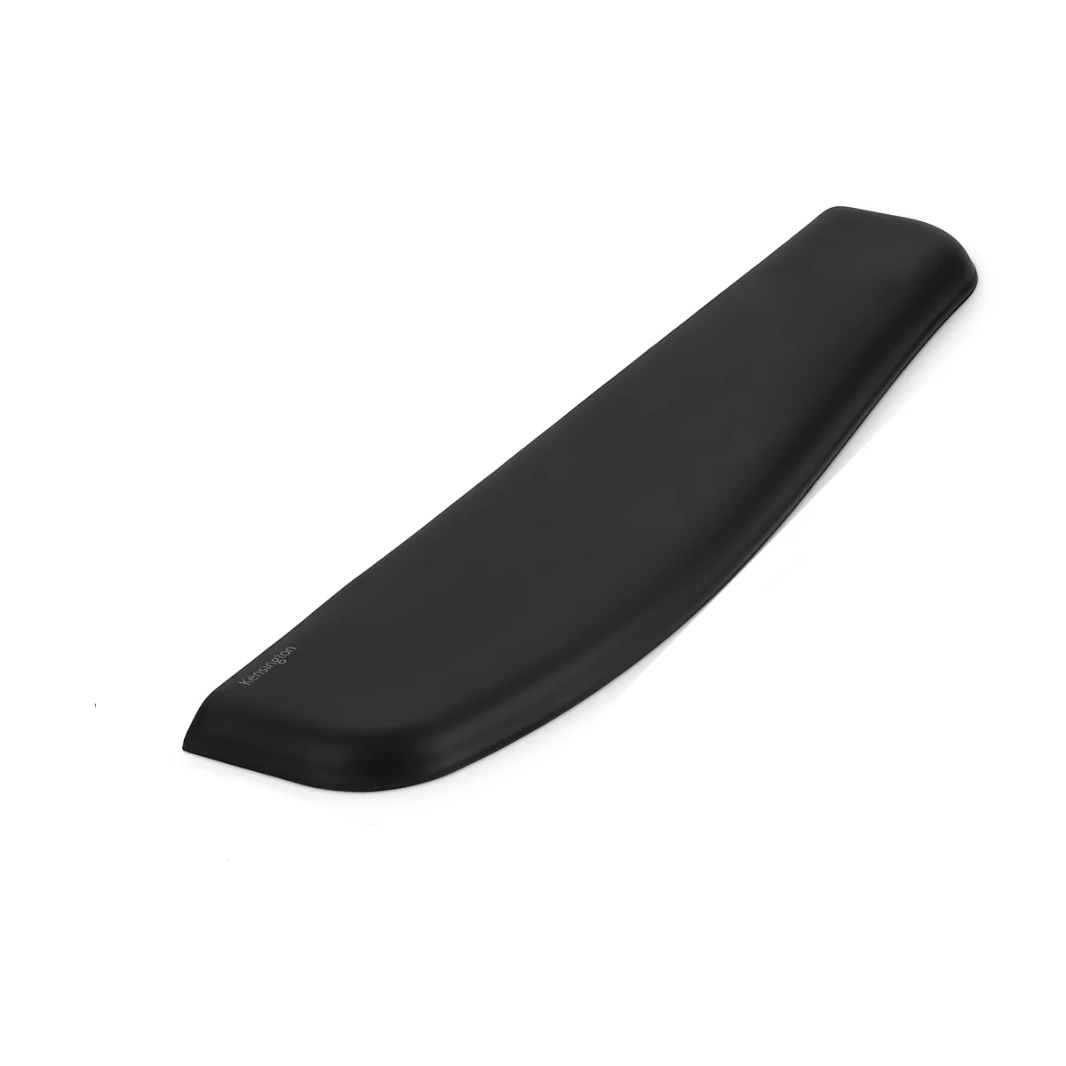 A black ergonomic wrist rest with rounded edges, set against a white backdrop.