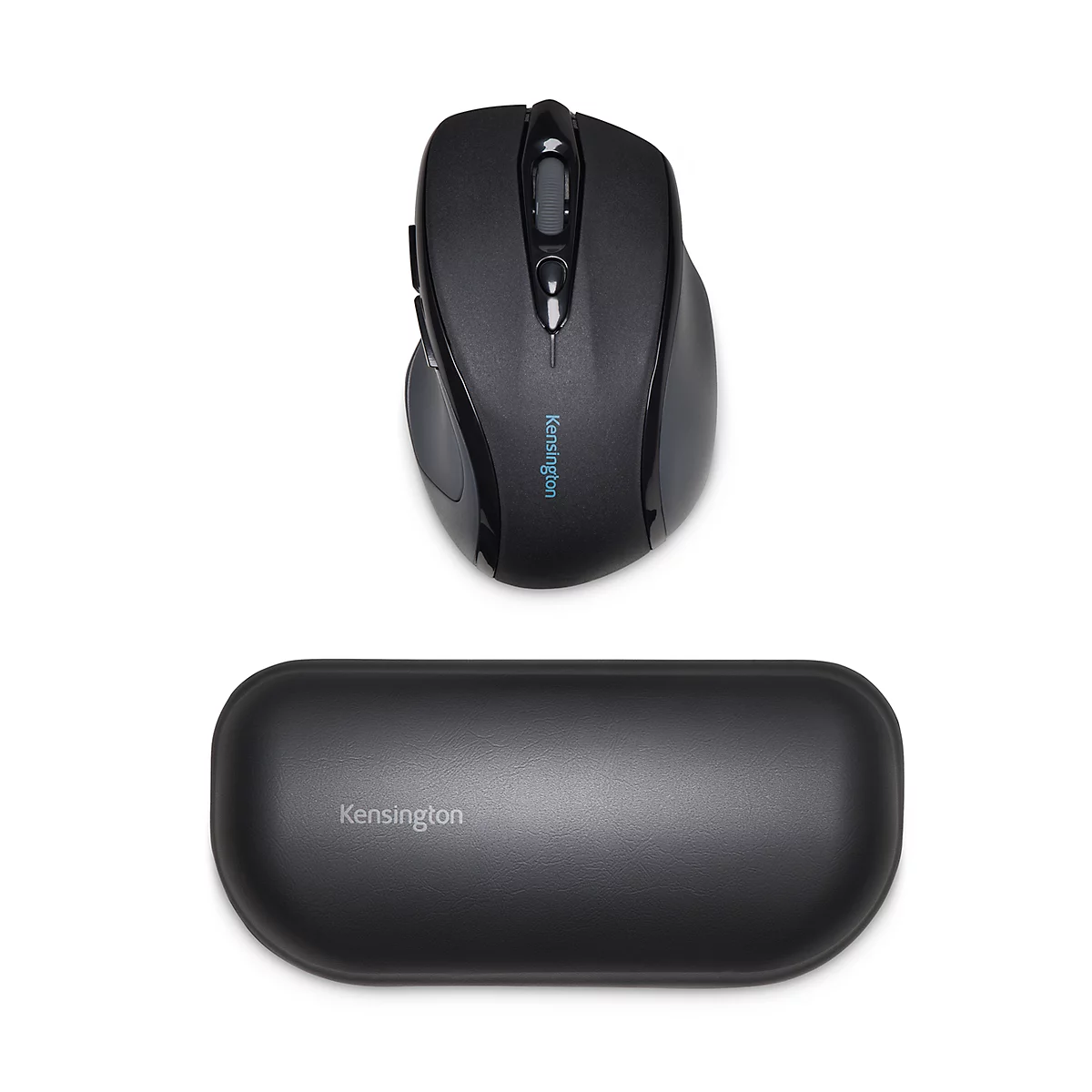 Black mouse with hand rest, both on white background. Mouse with brand name.